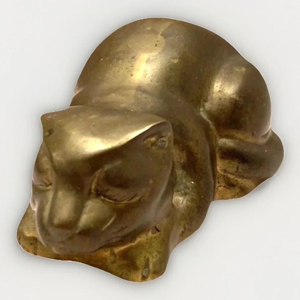 Vintage Brass Sleeping Cat Figurine Statue MCM Large 6